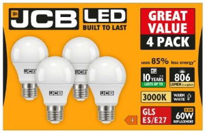 JCB LED GLS 806lm ES 3000K Warm 4 Pack