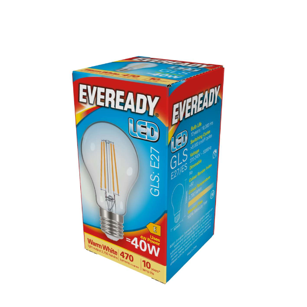 EVEREADY LED 470lm Clear GLS ES Filament