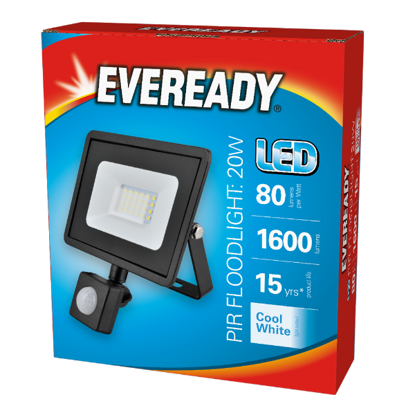 EVEREADY LED 20w PIR Floodlight 1600lm 4000K Cool White