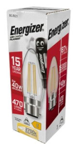 ENERGIZER FILAMENT LED CANDLE 470LM B22 WARM WHITE BOX DIM