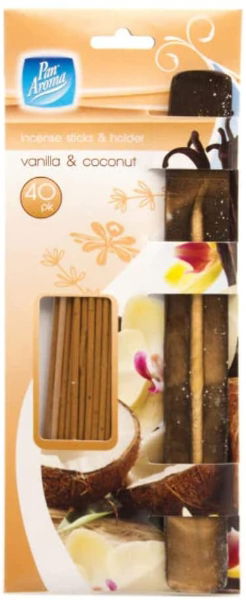 PAN AROMA 40 Pack Incense Sticks & Holder - Vanilla/Coconut