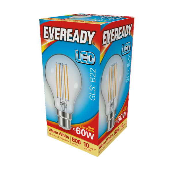 EVEREADY LED 806lm Clear GLS BC Filament