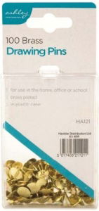 ASHLEY 100 Brass Drawing Pins in Plastic Case